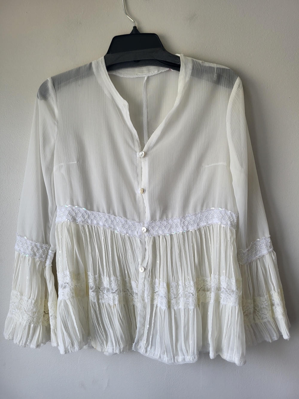 Off White Lace-Trim Sheer Peasant Fairy Feminine Boho Chic Blouse
